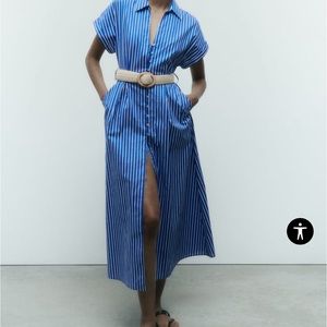 STRIPED BELTED SHIRT DRESS Size M